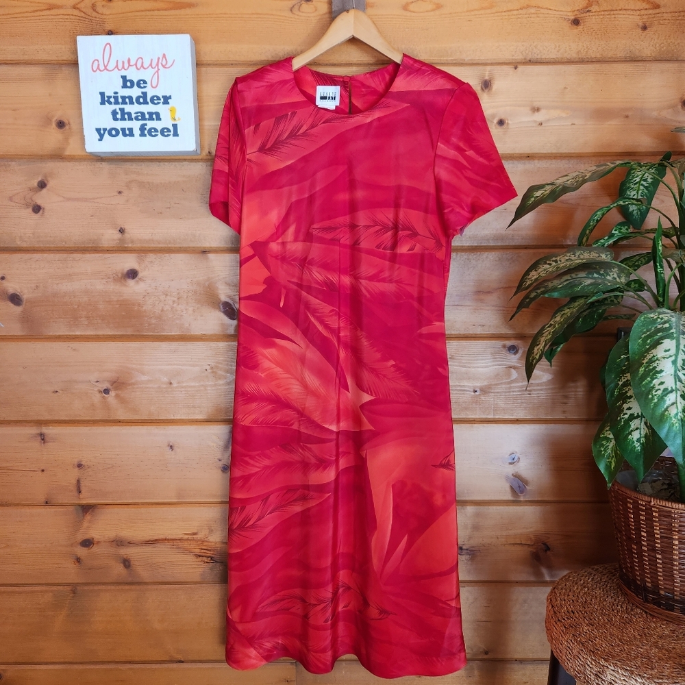 Leslie Fay 💜 Vintage Floral Tropical Palms Red Maxi Shift Dress Pads Keyhole 12